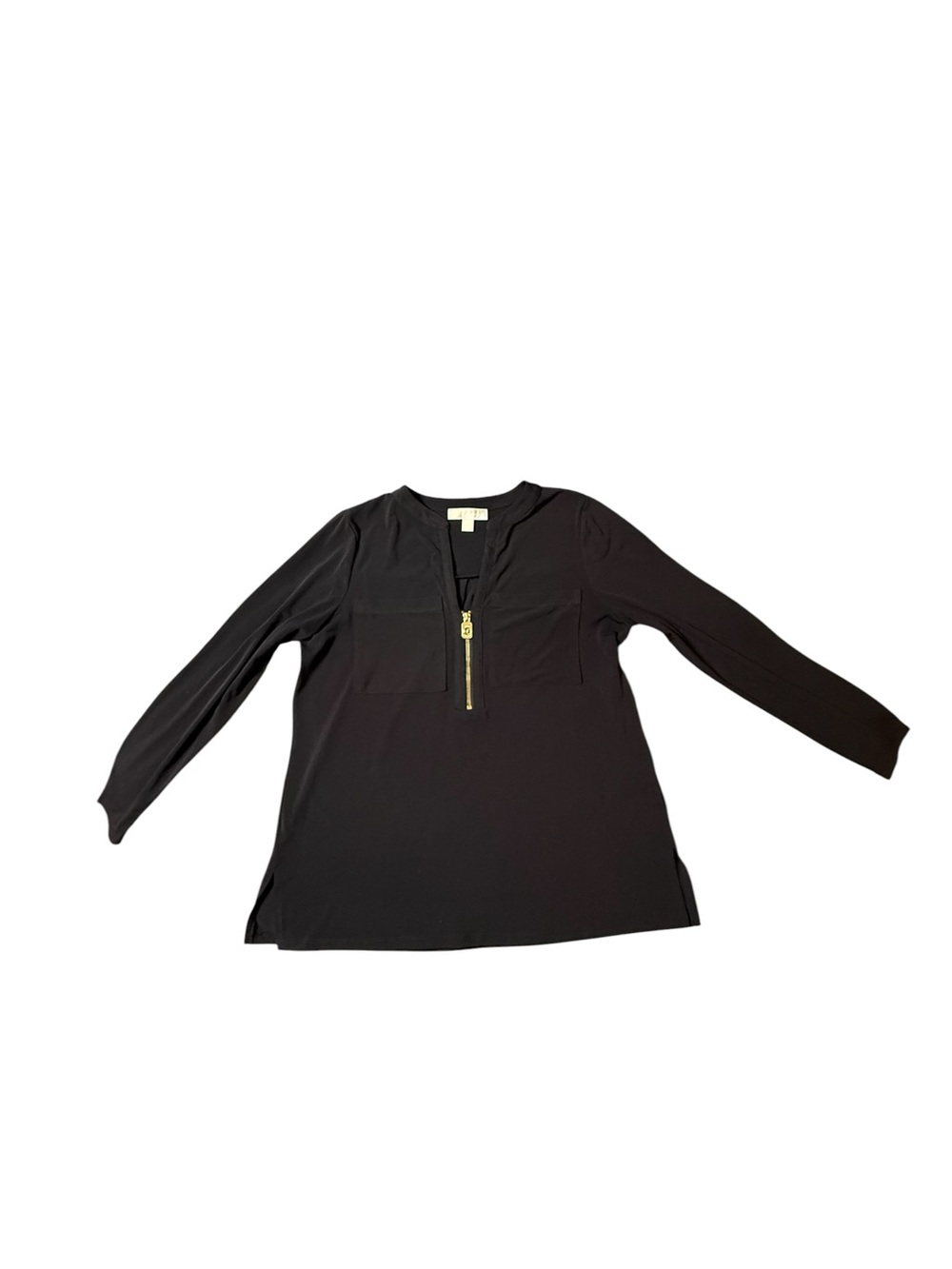 Michael Michael Kors Black Split Neck Zip Up Long Sleeve Blouse L